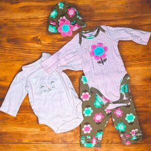 Carter's pink cat onesies bodysuits pants hat baby girl size 0-3 months bundle